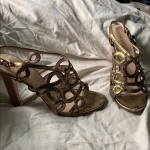 Prada Gold Metallic Leather Open-Toed Sandal Heels